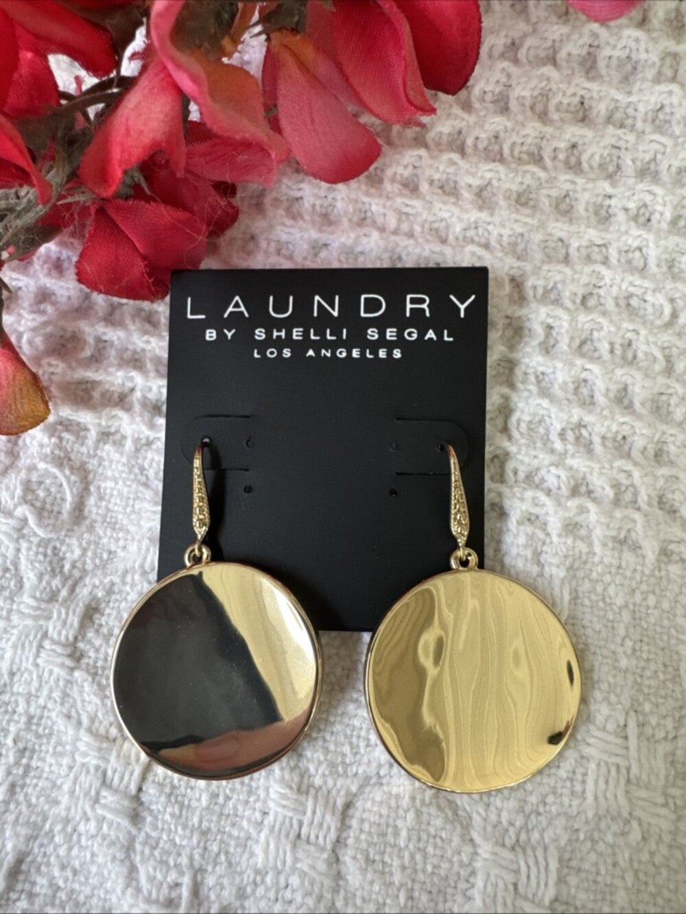 Laundry Shelli Segal Circle Disks Earrings Dangle Shiny Gold Tone 2" NEW